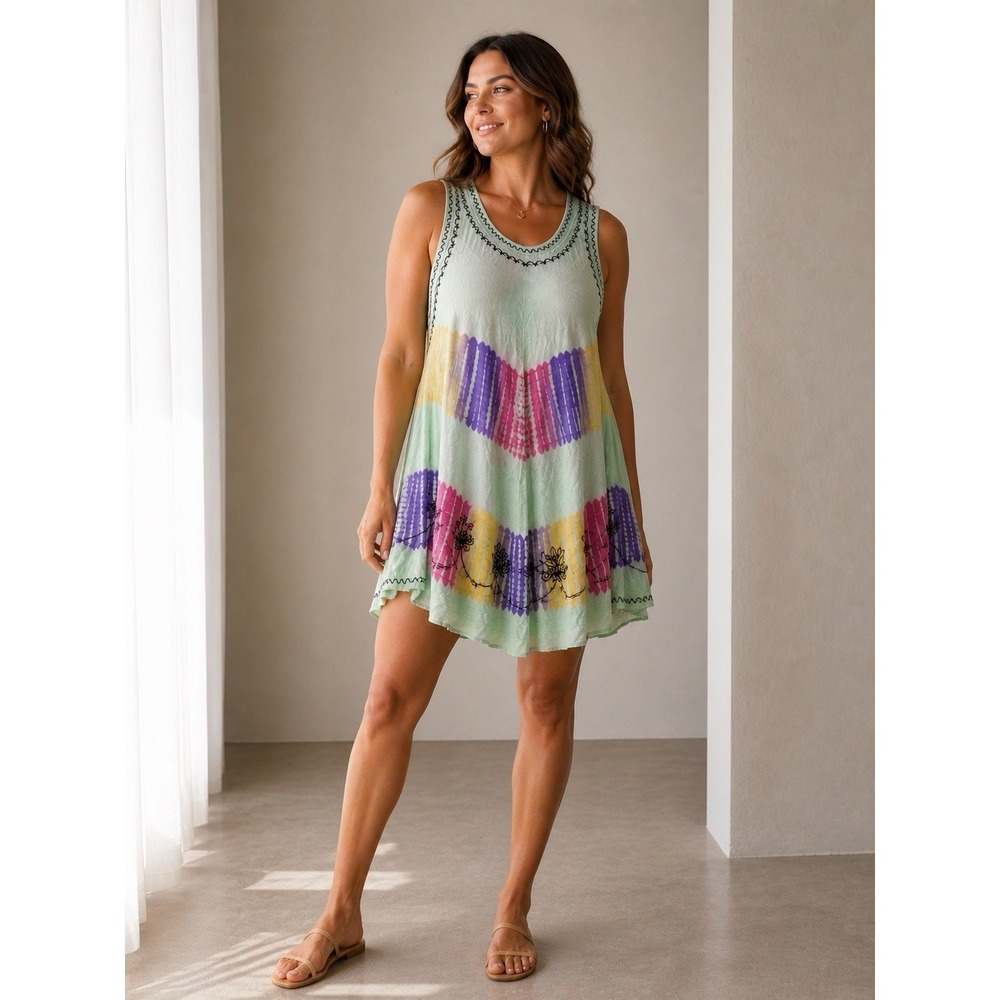 India Boutique Umbrella Midi Dress One Size Purple Green Batik Hippie FF45
